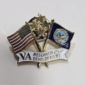 Vintage VA Research & Development Veteran Affairs Crossed Flag Lapel Hat Pin